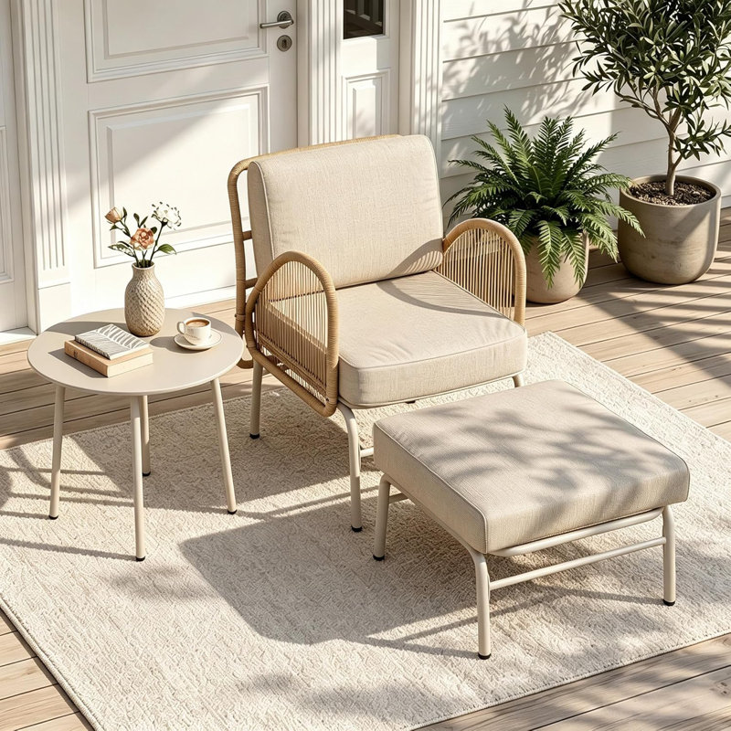 Rattan Patio Conversation Set, Outdoor Lounge Chair With Ottoman & Round Coffee Table