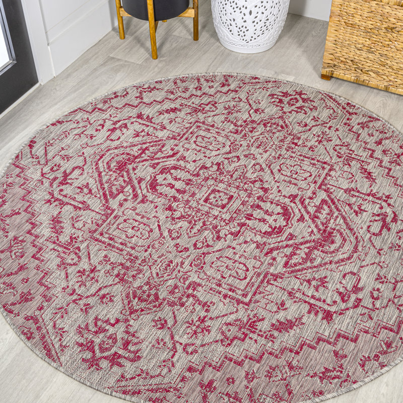 Truman Bohemian Medallion Textured Weave Light Gray/Fuchsia Indoor/Outdoor Rug, Round 5'3"