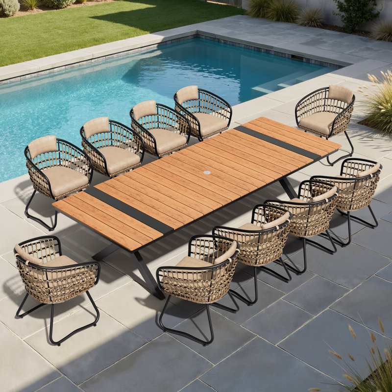 10 - Person Outdoor Dining Set with Umbrella Hole and Removable Cushion, Beige/Brown