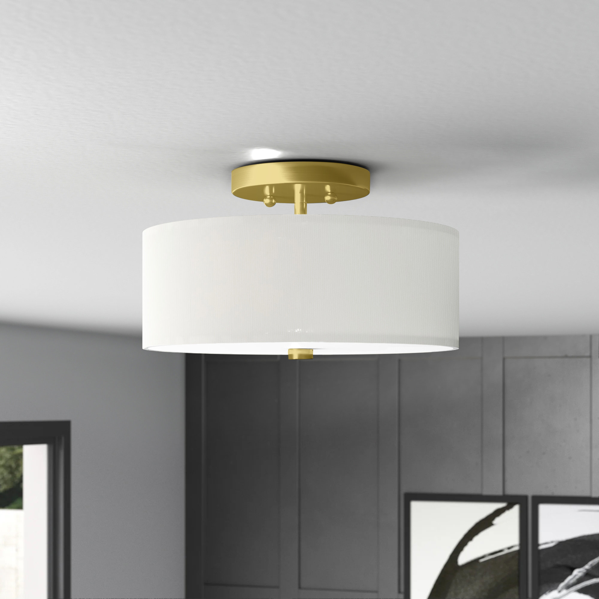 Flaire 2 Light Fabric Semi Flush Mount, 7.75" H x 13" W x 13" D, Satin Brass