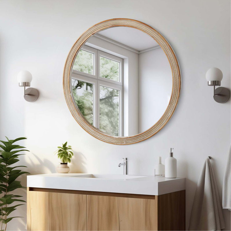 Miroir mural rond rond avec cadre en rotin tissé (23,62 po), miroir décoratif rustique moderne pour salle de bain / meuble-lavabo / salon (conception murale facile)