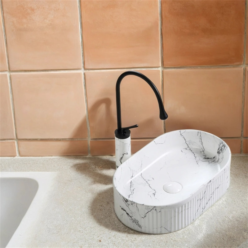 【Lavabo vasque ovale en marbre noir et blanc 19 x 12 pouces】 - Lavabo au-dessus du comptoir en céramique avec drain pour salle de bain