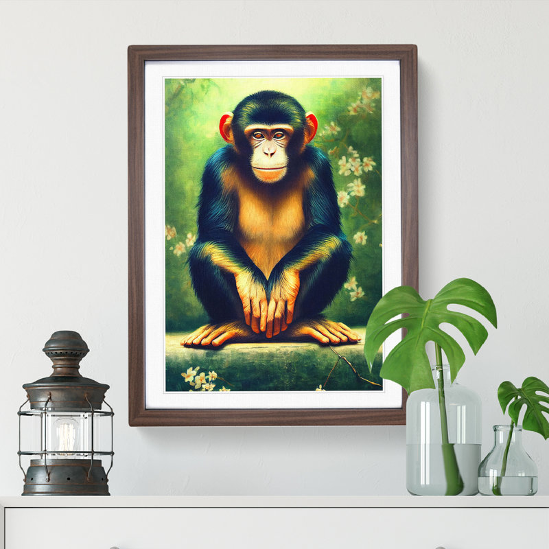 Resting Monkey - Wall Art, 36cm H x 27cm W, Walnut Framed, White