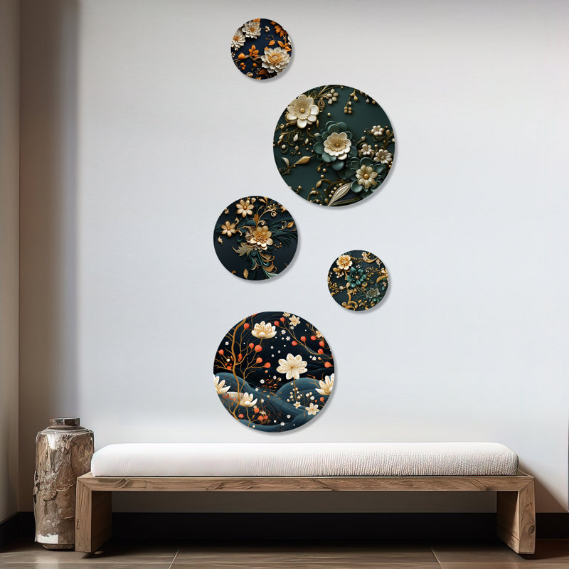 Rowen - Ensemble d'art mural rond oriental floral de 5