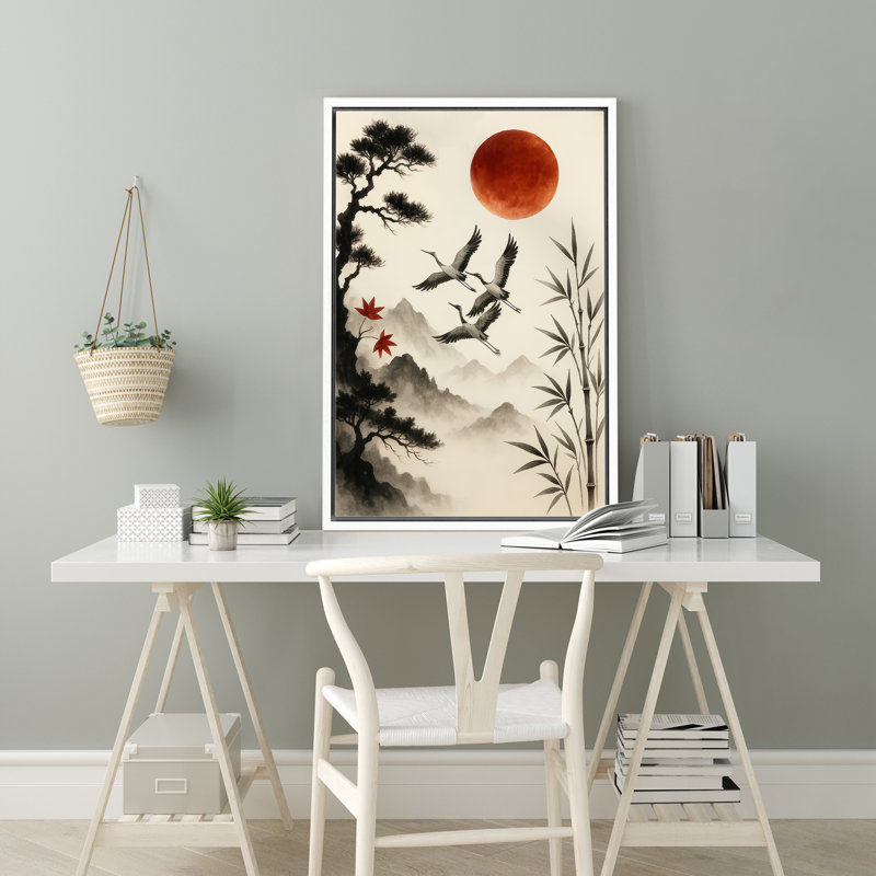 «Cranes with Red Moon Pine and Bamboo Landscape Art», reproduction d'art sur toile encadrée, H 36 po x l 24 po x P 1,5 po