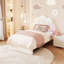 Lit plateforme pour enfant en velours avec tête de lit réglable à DEL RVB en forme de pétale et tiroir de rangement pour chambre d'enfant-107691258-107691259