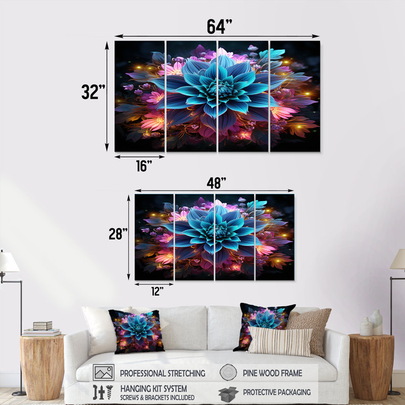 «Turquoise Flower Explosion», art mural floral abstrait, 4 pièces, H 28 po x l 48 po