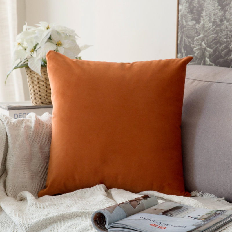 Housse et oreiller carré en velours, Orange, 16 po x 16 po, Housse de coussin seulement - sans coussin