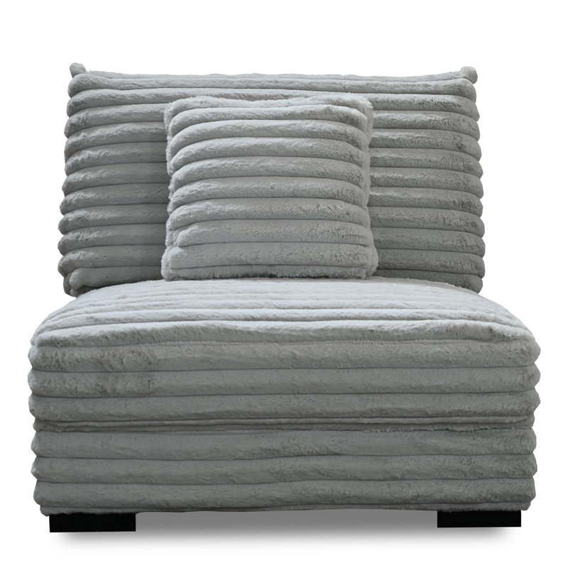 Ezo Armless Accent Chair, White Polyester Corduroy, Soft Cushioned, Grey Polyester Blend