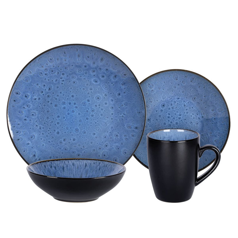 HomeVSS 16-Piece Reactive-Glaze Stoneware Dinnerware Set,Service for 4, Capri Blue