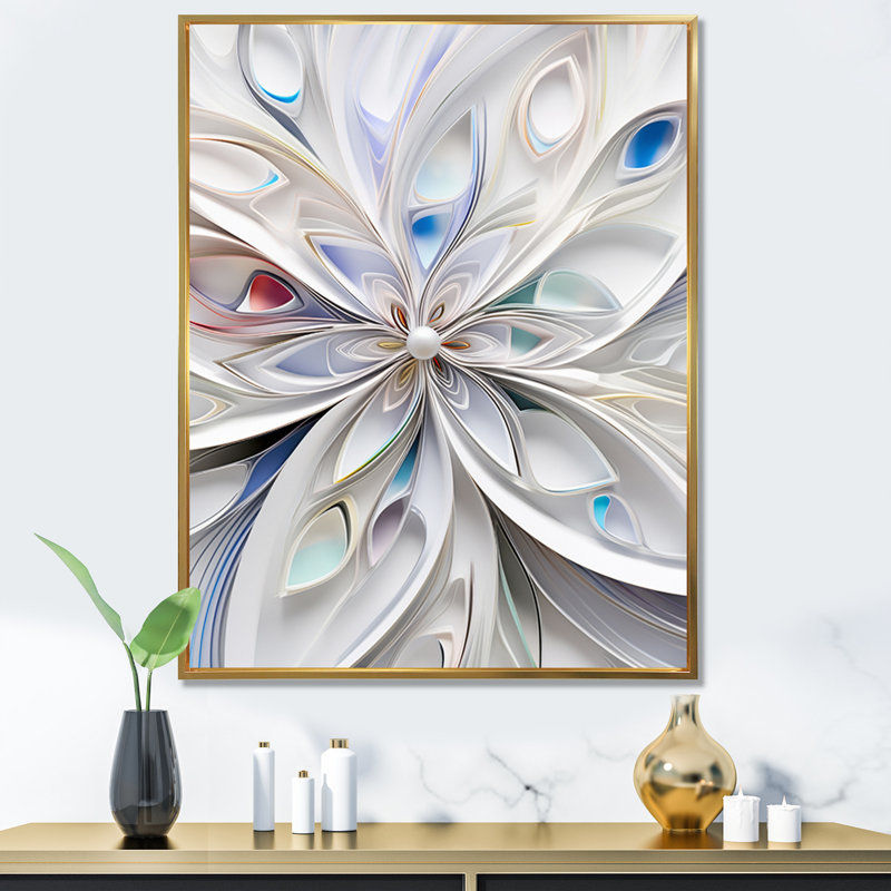 «White Cosmic Flowers - Fractals», reproduction d'art sur toile, H 40 po x l 30 po x P 1,5 po, Cadre flottant doré