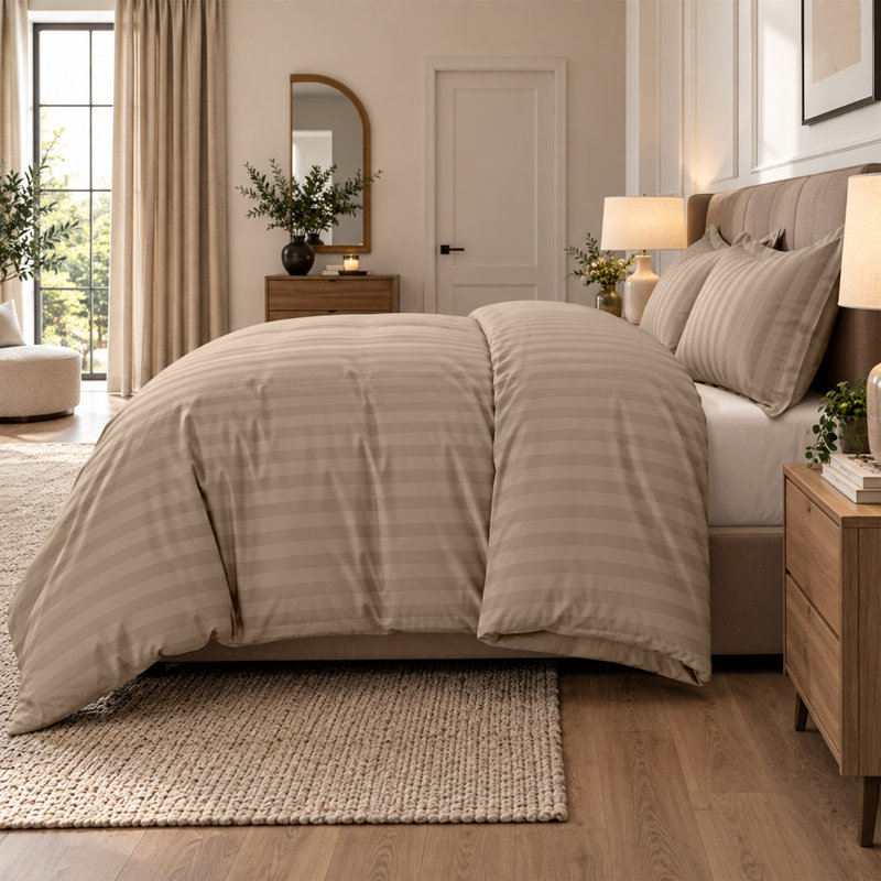 Oxford Homeware Microfiber Striped Duvet Cover Set with Pillowcases, Double Duvet Cover Set + 2 Pillowcases, Beige