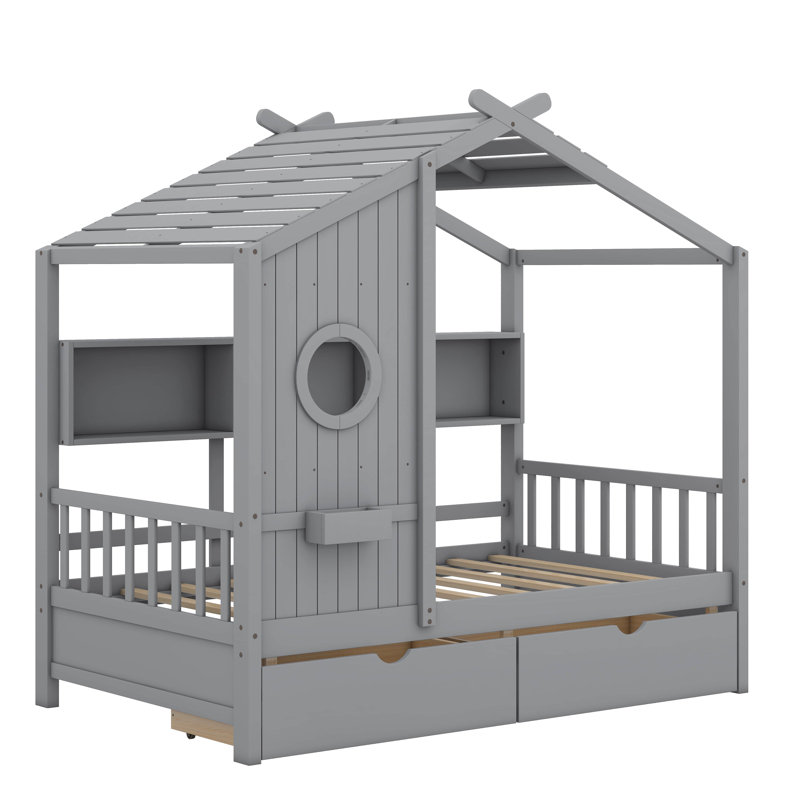 Lit maison en bois Lompico, Simple, gris