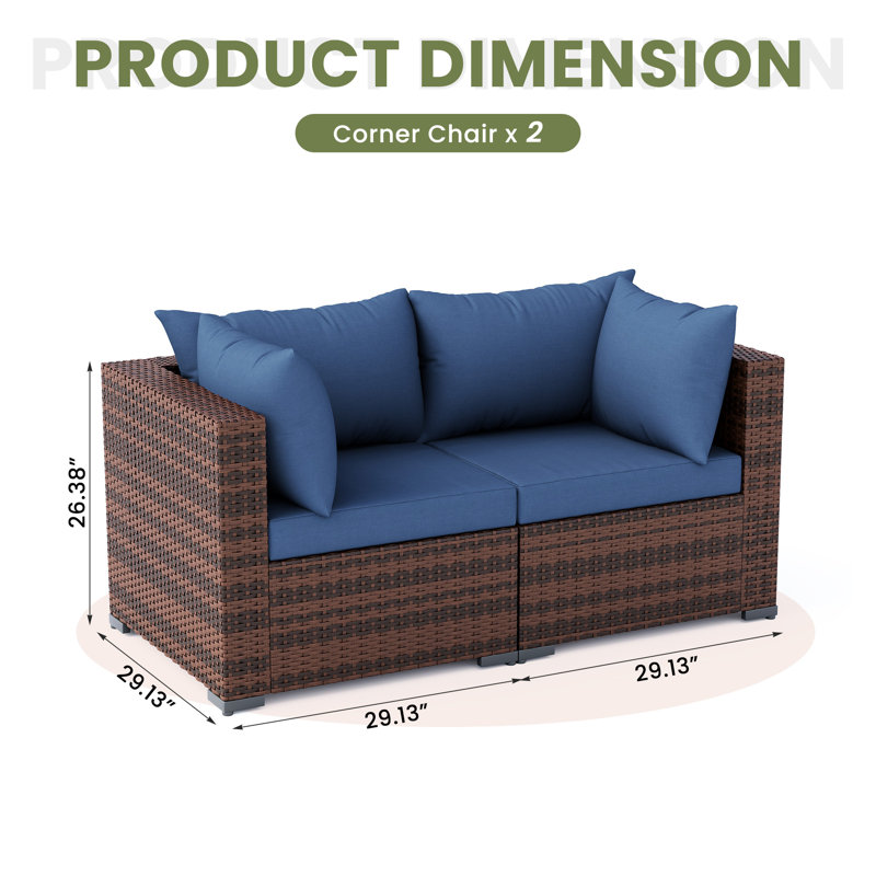 Ensemble de 2 canapés d'angle modulaires d'extérieur, sièges de patio en osier toutes saisons avec coussins, Marine