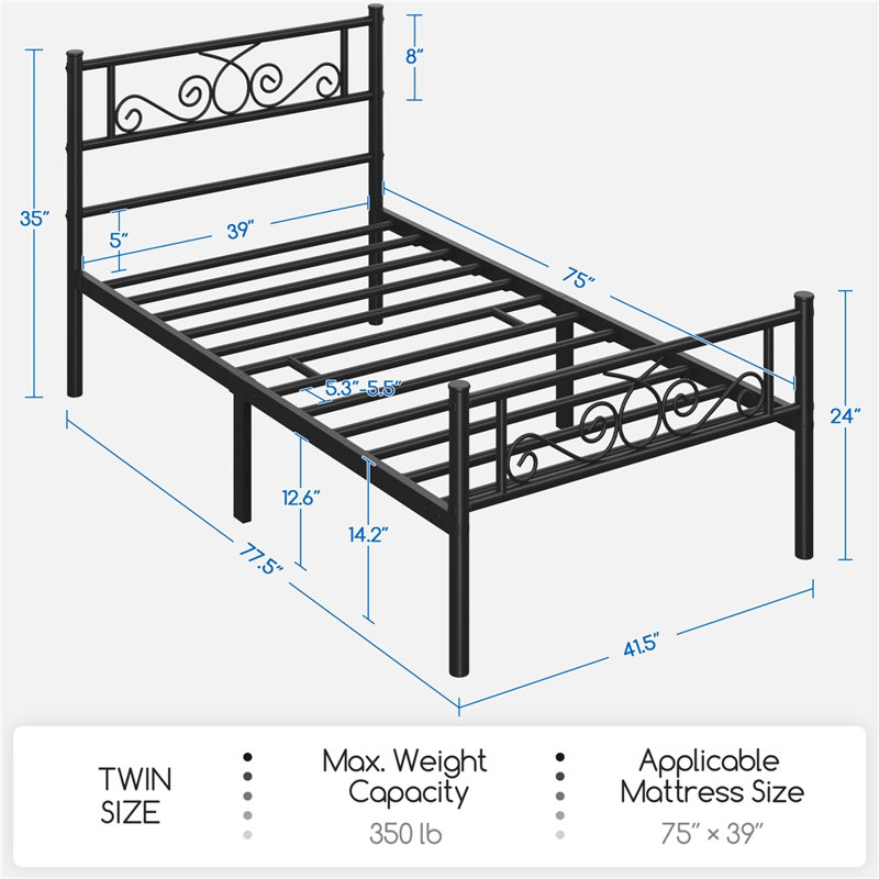 Graceful Scroll Platform Bed with Multiple Size and Color, Twin, Black