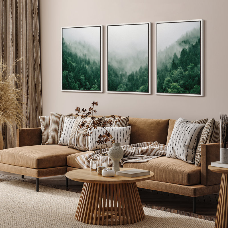 «Fog and Mist Mountain Forest Valley Nature Wilderness», reproduction sur toile 3 pièces, H 36 po x l 24 po x P 1,5 po