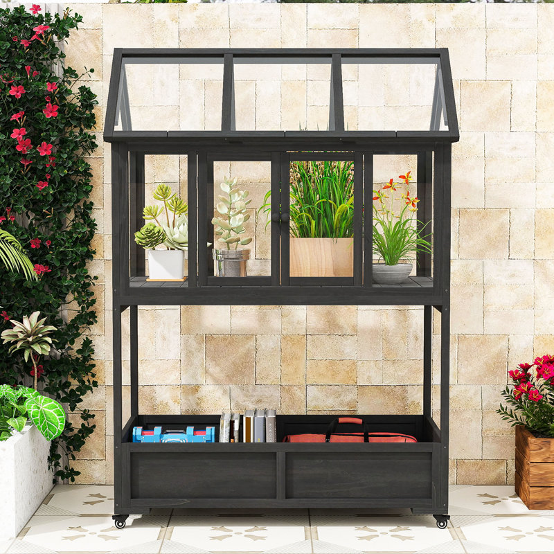 Garden Mini Greenhouse with Movable Wheels, Openable Roof and Storage Box, Black