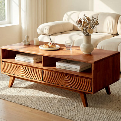 Table basse rectangulaire en bois d'hévéa massif avec rangement, 2 tiroirs et tablette ouverte, centre de 47,2 pouces pour le salon
