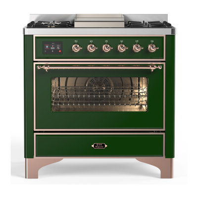 Cuisinière à carburant double de 36 pouces avec 6 brûleurs scellés, vert émeraude, série Majestic III Series (propane liquide, garniture en cuivre)