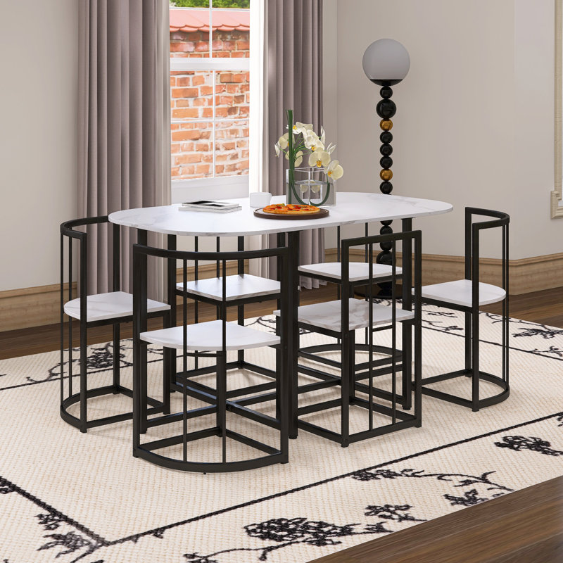7-Piece Dining Table Set, Black/White, Black
