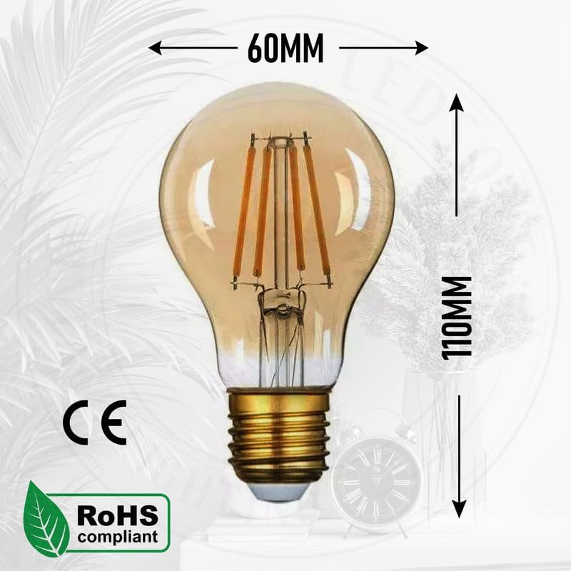 LED GLS Light Bulbs Edison Screw ES, 4W 450LM LED Bulbs,2700K Warm White,Dimmable A60 Vintage Amber Glass Globe E27 Energy Saving Globe Lamp Bulbs, Pack of 2