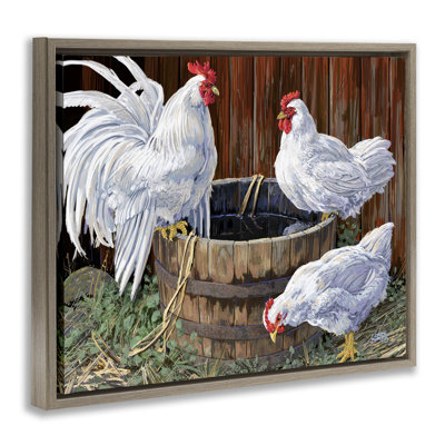 «Chatting At Watercooler Chickens», art mural encadré sur toile flottante, design par Joseph Burgess