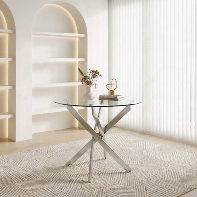 35.5" Round Glass Dining Table – Silver Legs, 8mm Tempered Glass