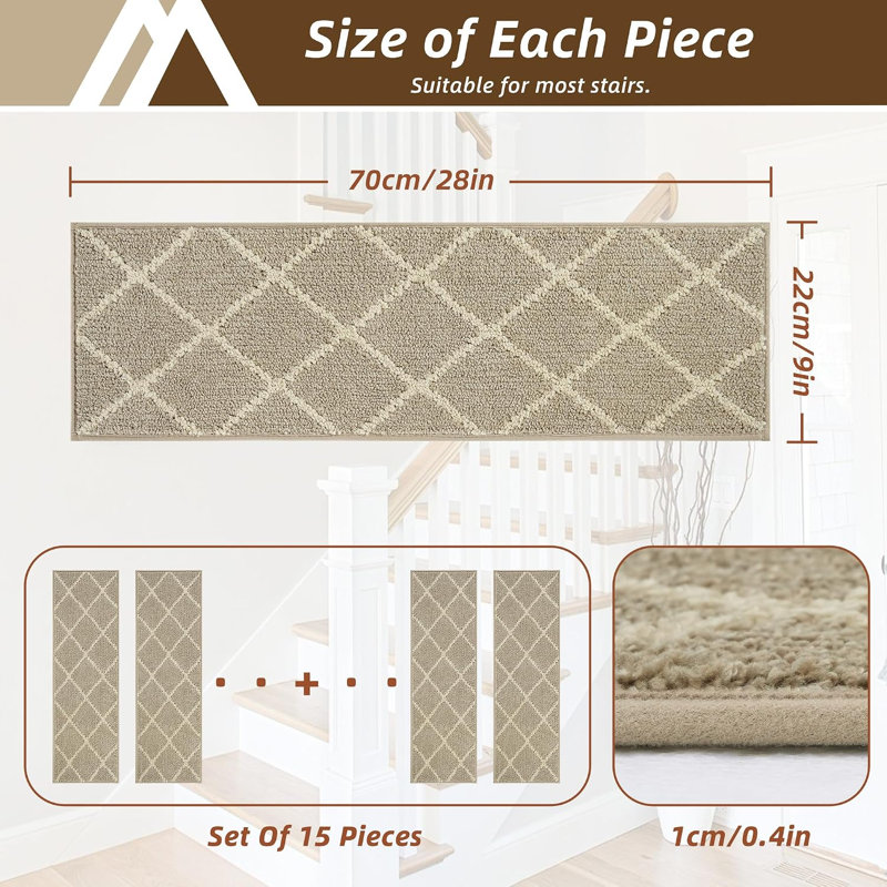 Tapis antidérapants pour marches d'escalier en bois, intérieur, ensemble de 15, beige