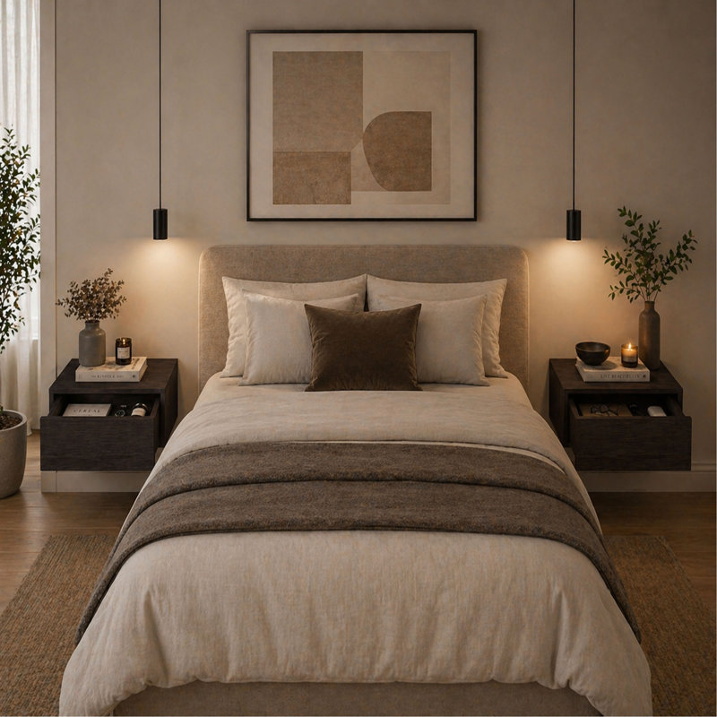 Ensemble de 2 tables de chevet murales flottantes pour la chambre à coucher, Marron foncé