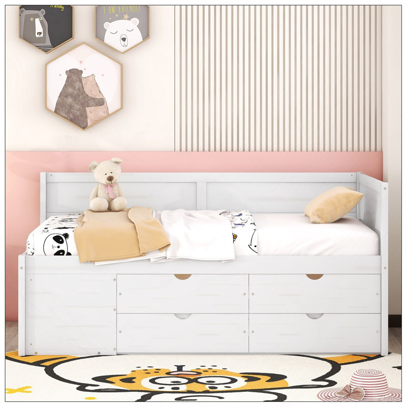 Lit de jour simple avec tiroirs et tablettes, blanc, Twin, White