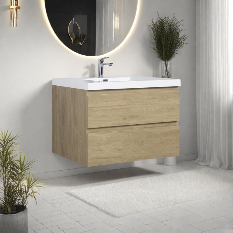 Meuble-lavabo mural 36 po avec lavabo et lavabo en résine, Chêne