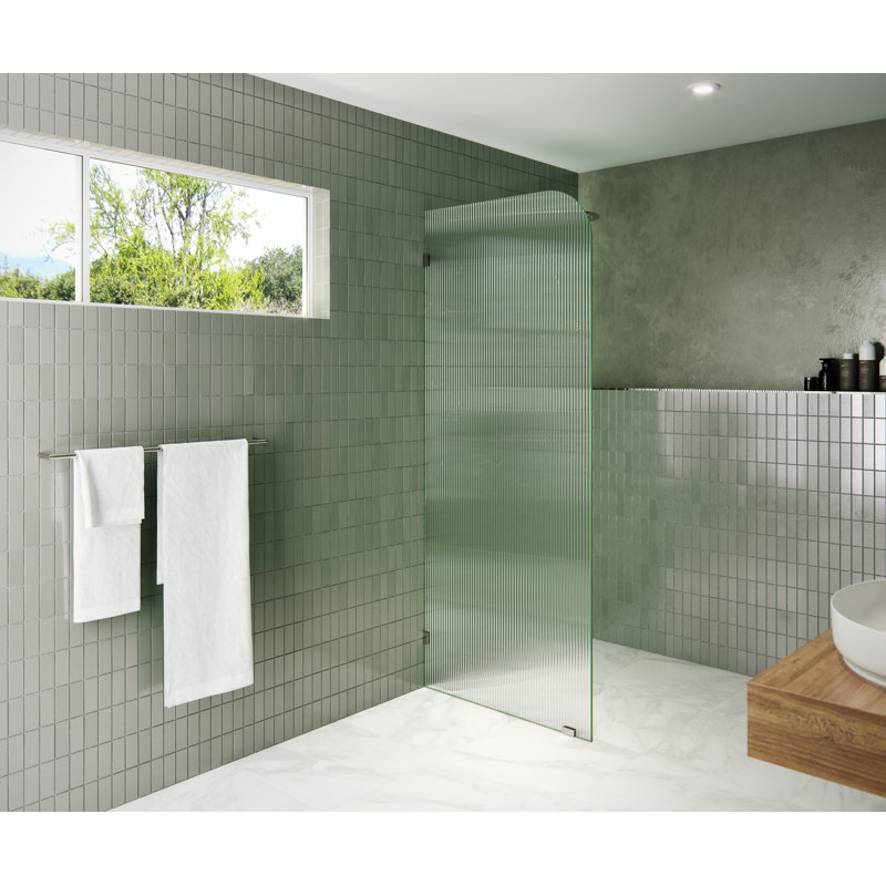 Aurora 32 in. x 78 in. Fully Frameless Fluted Radius Single Fixed Shower Panel, Polished Nickel, Left Opening