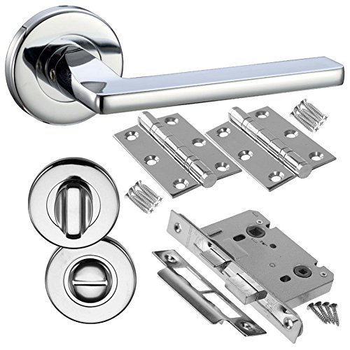 Golden Grace Leon Design Bathroom Door Handles Lever on Round Rose in Polished Chrome Finish with Pair of 3" Hinges, Bathroom Lock & Thumbturn