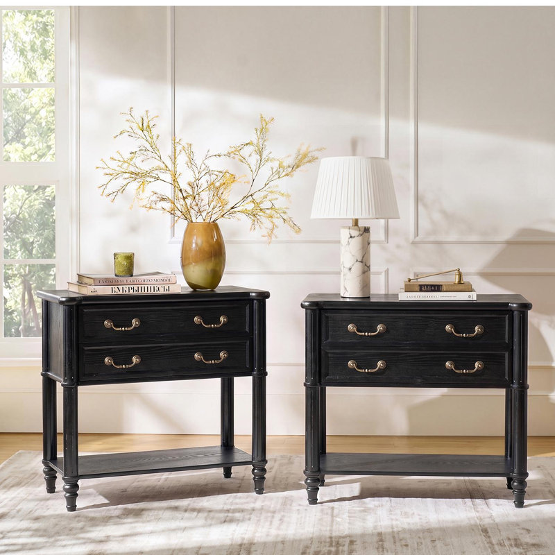 Table d'appoint Hoai 30''W de style transitionnel avec station de charge intégrée USB et Type-C, structure en bois massif et 2 tiroirs (paquet de 2)