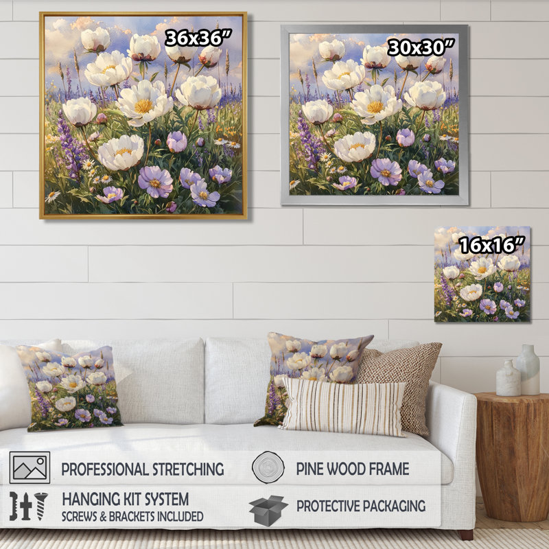 Pivoines dans le champ de fleurs sauvages III - pivoines, art mural, Argent argent, H 30 po x l 30 po, Picture Framed