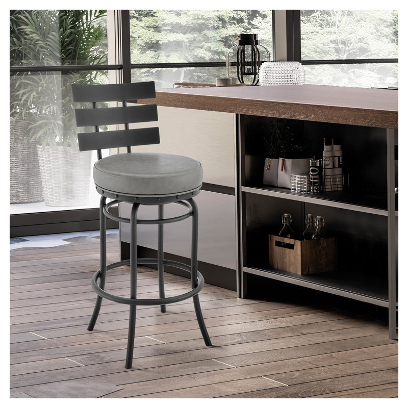 Tabouret de bar ou de comptoir pivotant Piren au fini noir avec siège en similicuir gris