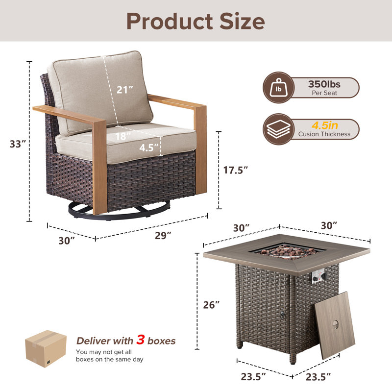 Drazen 4 - Person Patio Furniture Set With Fire Pit Table, All-Weather Wicker Outdoor Conversation Set With Chair And Thick Cushions