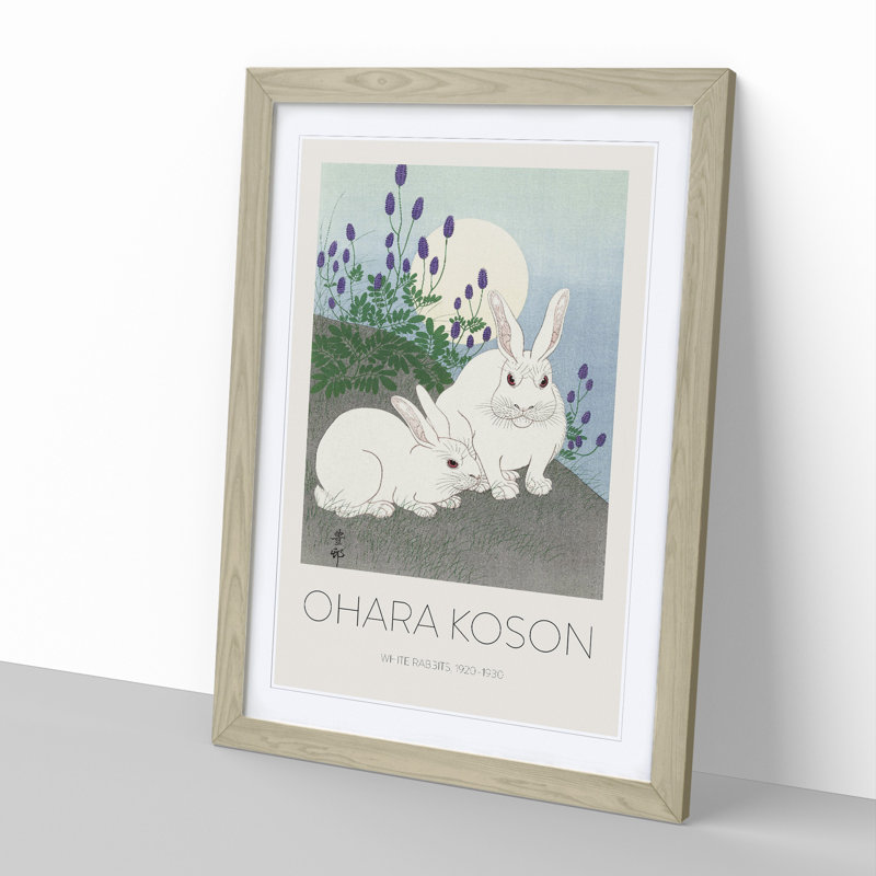 Rabbits at Full Moon Print by Ohara Koson - Picture Frame Painting, 48cm H x 36cm W x 2cm D, Oak Framed