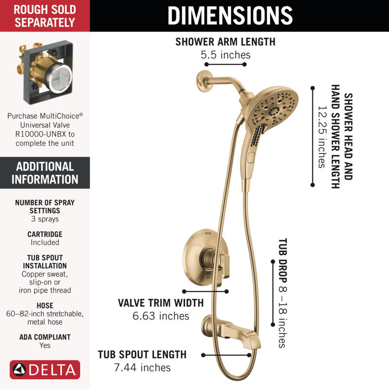 Tetra 17 Series Dual-Function Bathtub Faucet Trim, In2ition Shower Head with Handheld Spray Trim Kit, Champagne Bronze