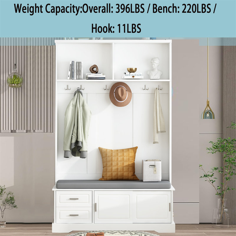Hall Tree With Storage,Entryway Hall Tree With Bench And Doors,Hall Tree With Bench And Shoe Storage For Home, White