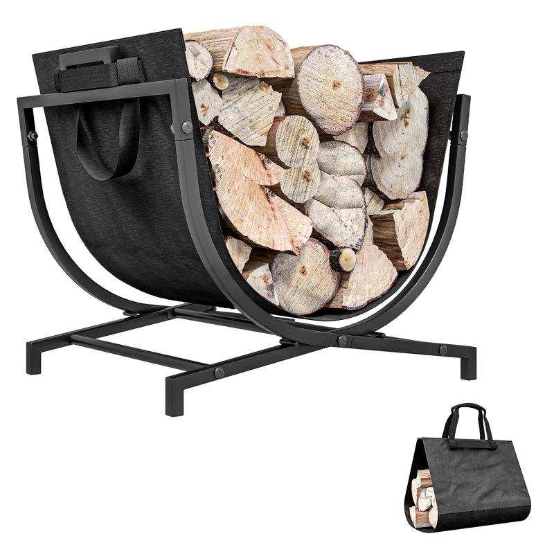 Black Steel Folding Firewood Rack with Canvas Carrier