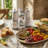 Ceramic Oil and Vinegar Set, 4-Piece White and Blue Cruet Collection with 8 oz Pourers, Salt and Pepper Shakers and Metal Countertop Rack