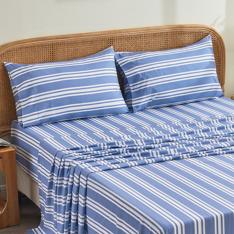Digital Printed Patterned Fabric Pillowcases Set, Blue/White Striped, King Pillow Case