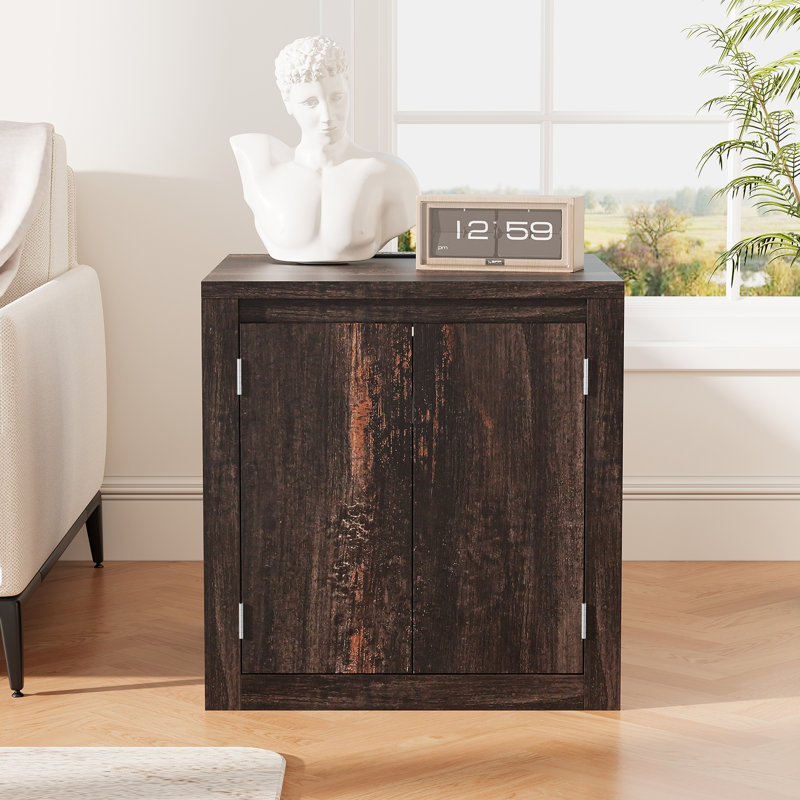 End Table with Charging Station and USB Ports, Modern Bedside Table with Door, Rustic Wood Square Nightstand with Adjustable Storage Shelf for Living Room, Bedroom, Gray
