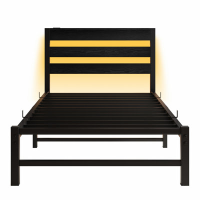 Heavy Duty Twin Platform Bed Frame With Headboard, Charging, Colorful Led Lighting, Slats, Noise - , Under Storage, Simple Assembly, Black Bed, Convenient Ports, Strong Easy To Put Together,