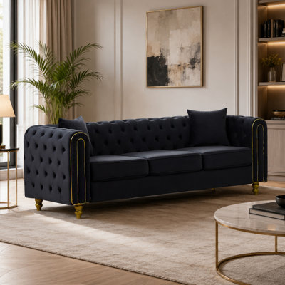 Canapé de 63 po en velours avec 2 coussins et décor en métal doré