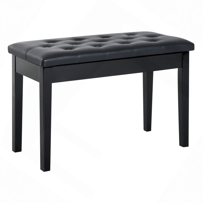 Black Tufted Faux Leather Double Piano Bench with Storage, Black