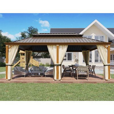 12'x20' Hardtop Gazebo, Wood Grain Aluminum Frame Pergola With Galvanized Steel Roof, Outdoor Metal Gazebos With Curtains & Nettings For Patio, Backyard, Deck And Lawns