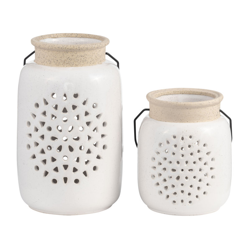 Porte-bougie lanterne moderne en céramique à découpes pour décoration de table, Découpe ivoire / beige