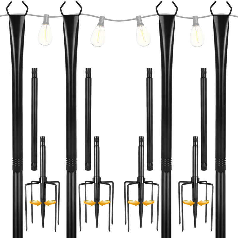 Ensemble de 4 supports métalliques robustes et ajustables de 3 m pour guirlandes lumineuses, résistants à la rouille et aux intempéries, idéaux pour les guirlandes, banderoles, lanternes et décorations extérieures. Parfait pour la terrasse, le jardin, la cour, les mariages et les fêtes.